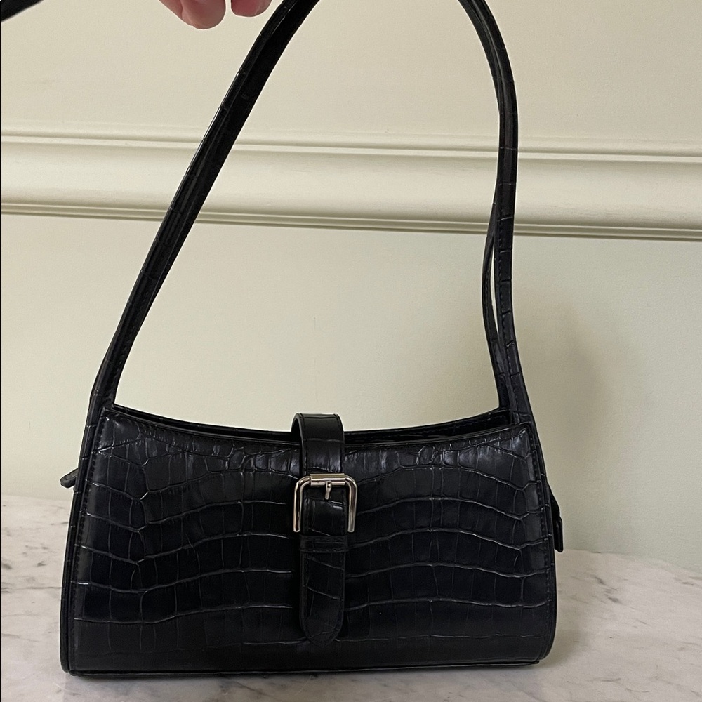 Coldwater Creek Black Croc-Embossed Shoulder Bag with Buckle